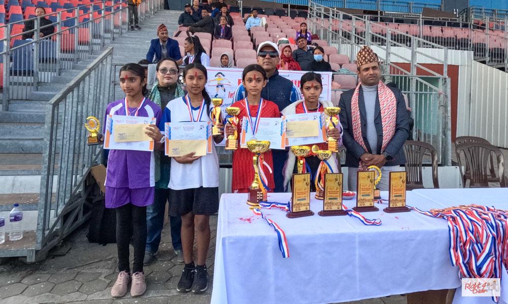 <b>Winners of 2km Senior Girls (L-R):&nbsp;</b>Ayusha Dahal - 4th (Taare Baraha Sec School),&nbsp;⁠⁠Roshni Nepali-3rd (Shukla Gandaki Sec School), ⁠Anjila GT - 2nd (Meghraj Basic School),&nbsp;Puspa Bhandari - 1st (Gaurishankar Sec School)