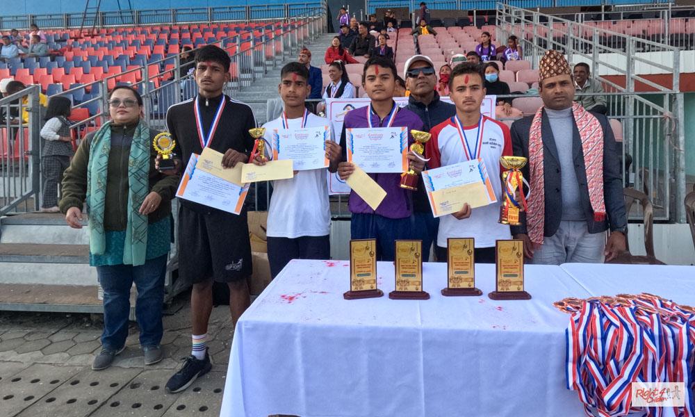 <b>Winners of 2km Senior Boys (L-R): </b>Nabin BK - 4th (Nispakshya Secondary School),&nbsp;Netra Raj Dhamala - 3rd (Mahendra Sec school), Mukesh Nepali - 2nd (Deurali Basic School ), Anup Nepali - 1st (Machhapuchhre Secondary School)