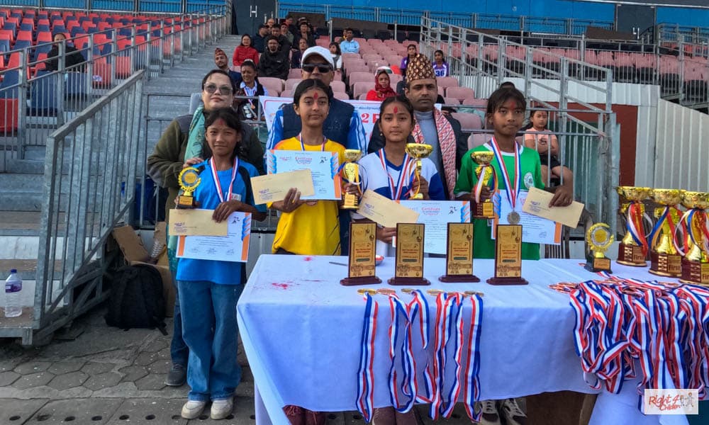 <b>Winners of 1.2km Junior Girls (L-R):&nbsp;</b>⁠⁠Punita Chhantyal Magar - 4th (Gaurishankar),&nbsp;Yunisha Sedhai - 3rd (Balkalyan Basic School), Sonia Nepali - 2nd (Mahendra Secondary School),&nbsp;Anusha Budha - 1st (Shukla Gandaki Secondary School)