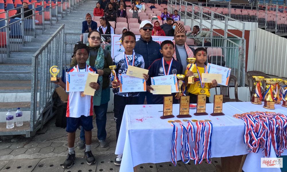 <b>Winners of 1.2km Junior Boys (L-R):&nbsp;</b>Krijal Shrestha - 4th (Deurali Basic School), Saroj Pariyar - 3rd (Meghraj Basic School), Gaurav Sunar - 2nd (Udaya Secondary School),&nbsp;⁠Roshan Nepali -1st (BalKalyan Basic School)